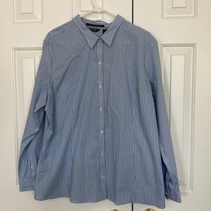 Blue with white stripes blouse. Stretch and wrinkle resistant.